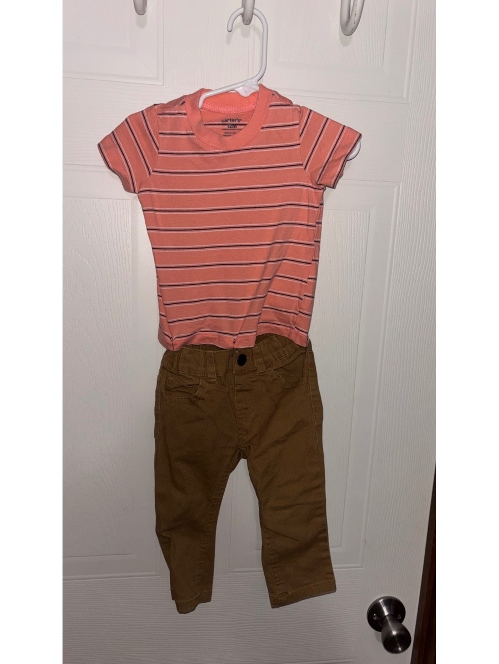 Carter's Toddler Outfit - Striped Coral T-Shirt and Brown Pants Size 12M